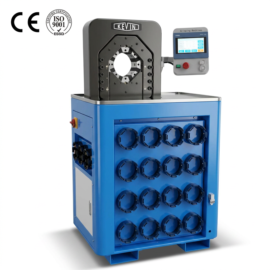 凯文拓KWT145扣压机，采用西门子(Siemens)控制器与电机，进口高端配置，性能稳定精准。最大张口145mm，扣压力3000KN，扣压范围1/4"-2"。7英寸触摸屏可存储200组程序，三种操作模式。专业胶管扣管机，模具可定制，厂家直销。